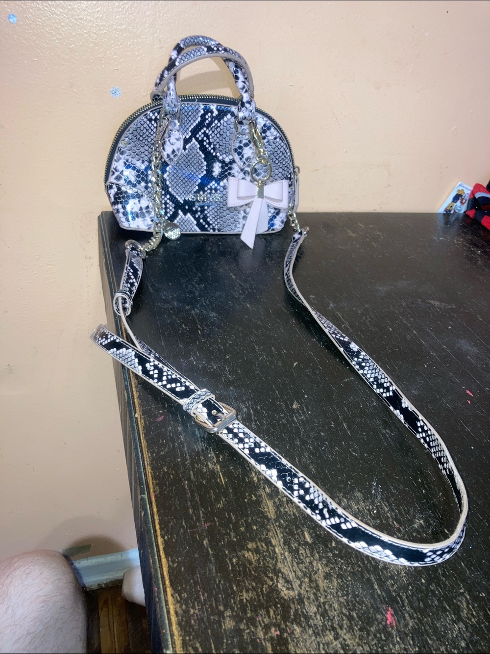 Guess Black & White Snake-Print Mini Crossbody with Bow